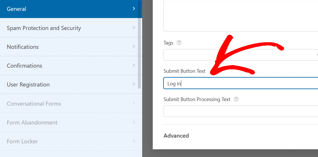 A red arrow pointing to the submit button text box
