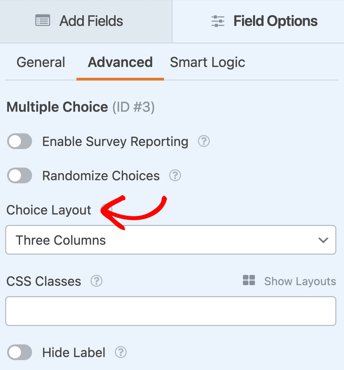 The Advanced options for the Multiple Choice field