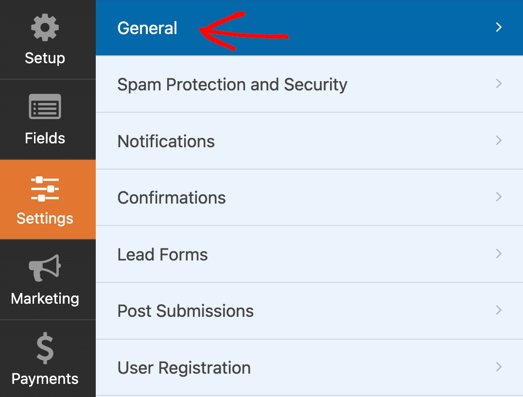 Navigating to the general settings in the WPForms form builder
