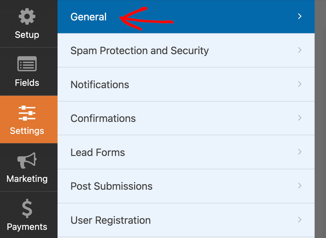 Navigating to the general settings in the WPForms form builder