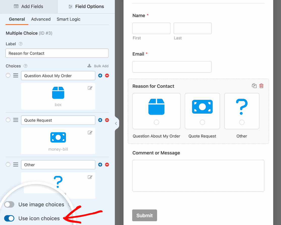 Using icon choices in a Multiple Choice field