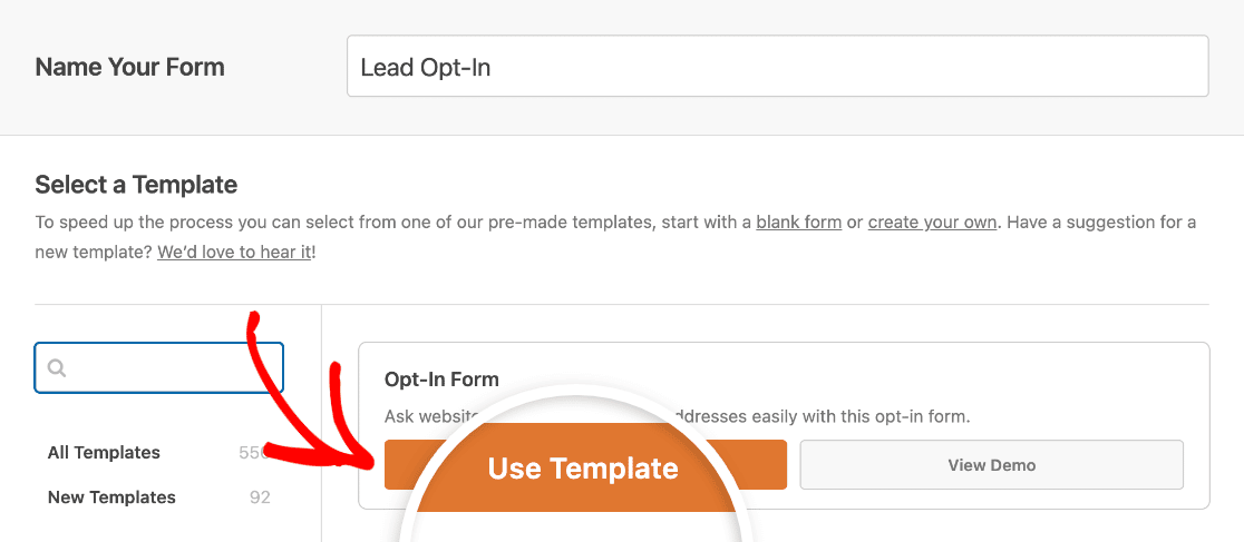 Selecting the Opt-In Form template
