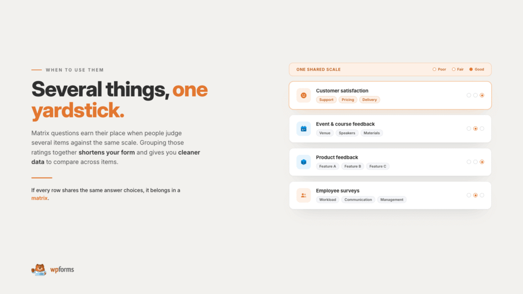 Split-screen hero: left text with bold headline 'Several things, one yardstick' and descriptive paragraph; right side shows stacked, rounded white cards with tags and a heading 'One shared scale'.