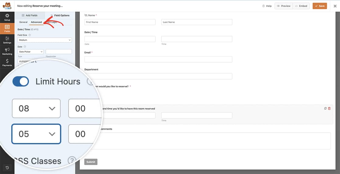 create your form and set your limiting hours on the Advanced tab of the time field options