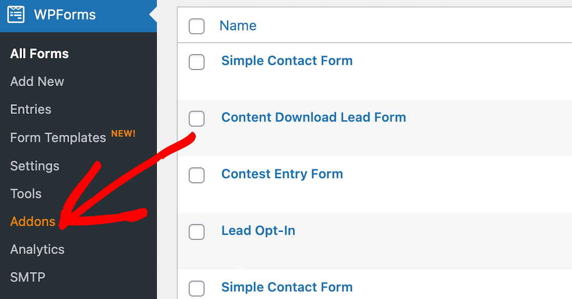 The WPForms menu and Addons option in your WordPress dashboard