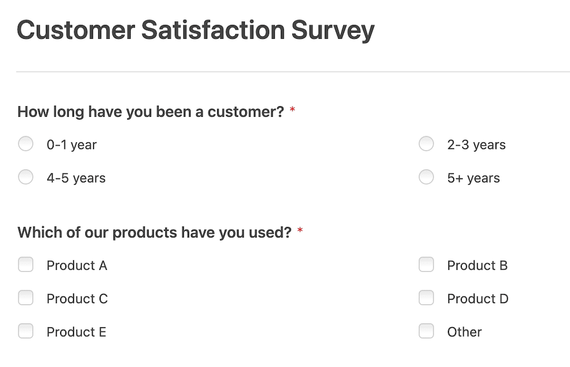 An example customer satisfaction survey in WPForms