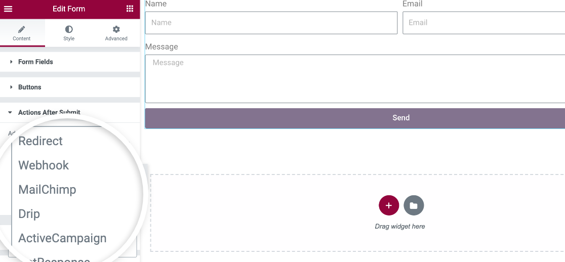 Options for actions after form submission in Elementor Forms