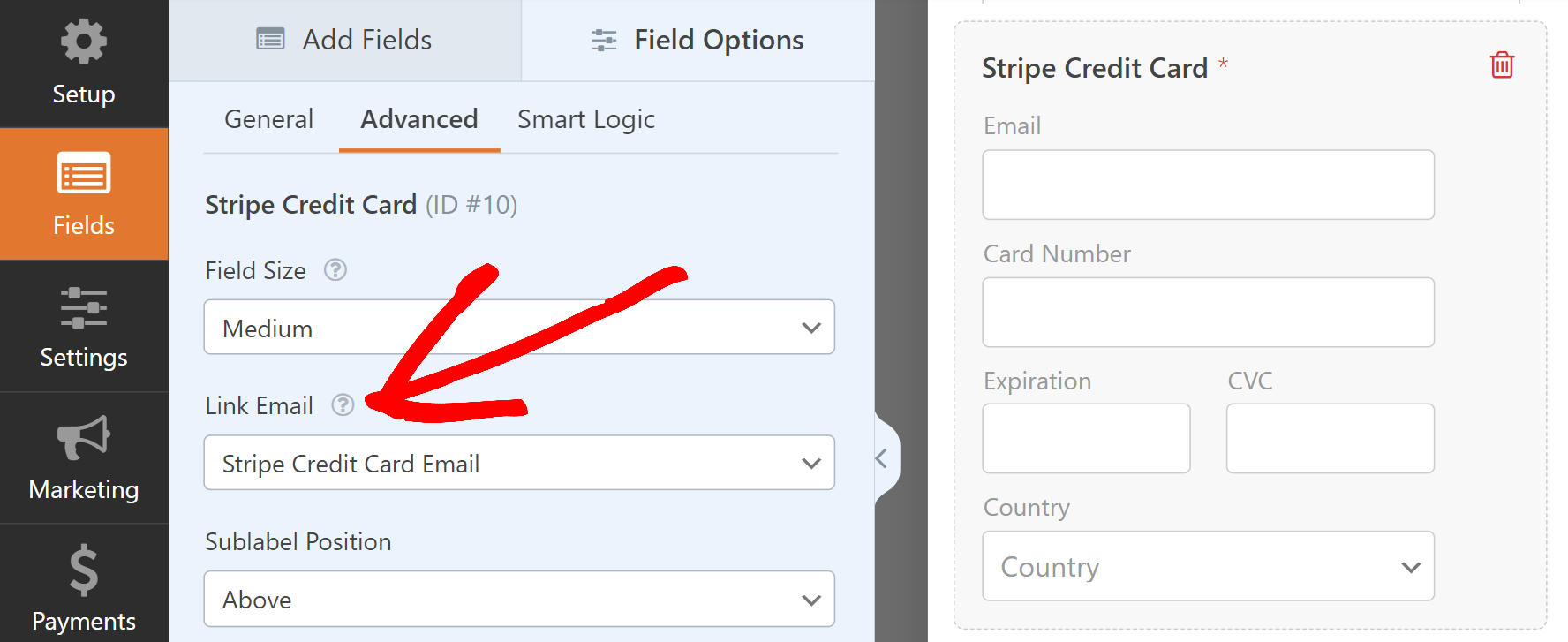 Link Email option in Stripe addon