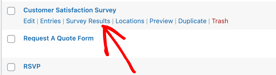 Locating the survey results in WPForms