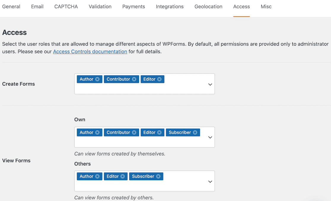 Granting access on WPForms