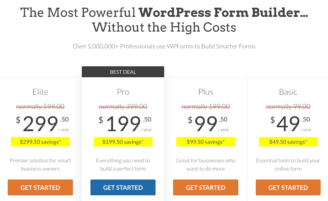 The WPForms pricing page