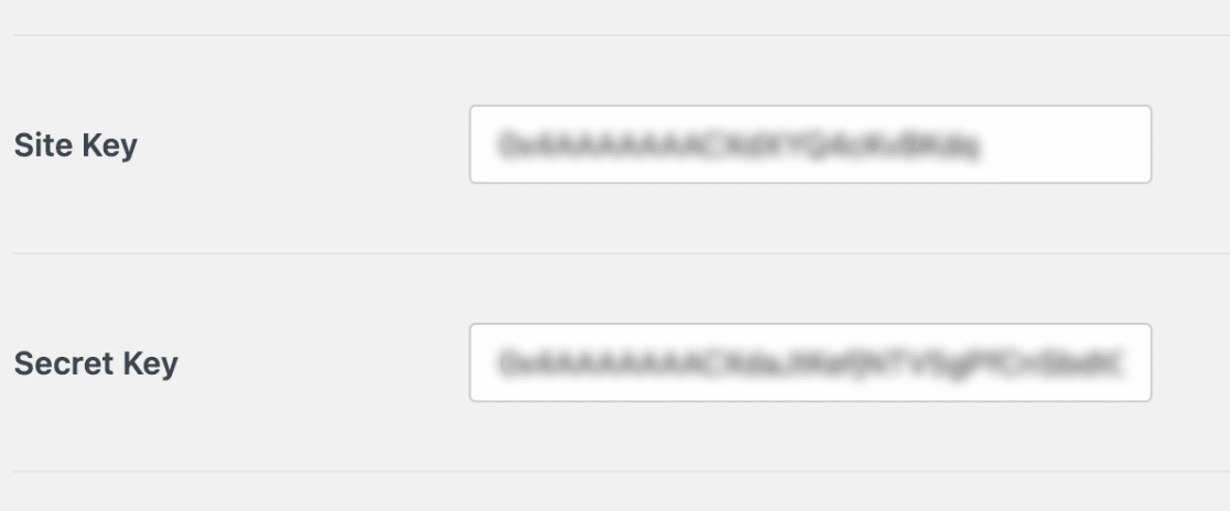 Paste site key and secret key values in WPForms settings