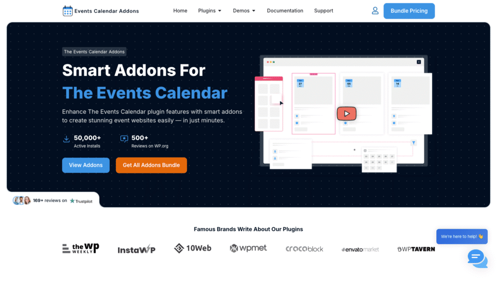 Events Calendarアドオンのヒーローバナー：「Smart Addons For The Events Calendar」の見出しと、暗いドット柄の背景に右側にUIモックアップグラフィック。