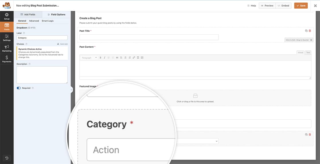 remove the Categories dropdown from the Post Submission form template