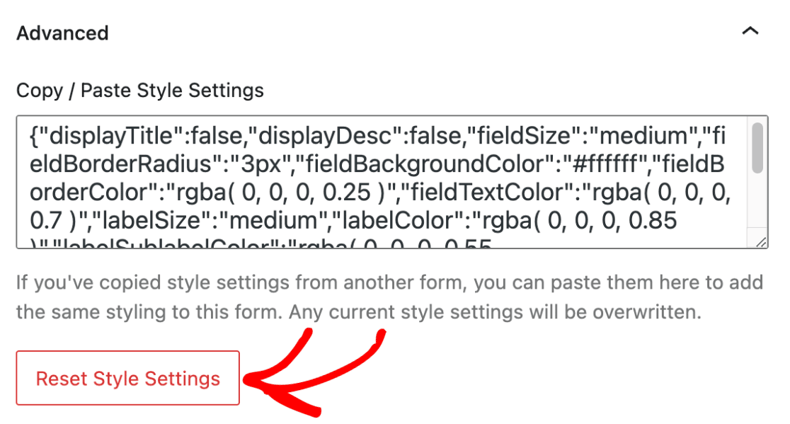 Reset style settings in WPForms