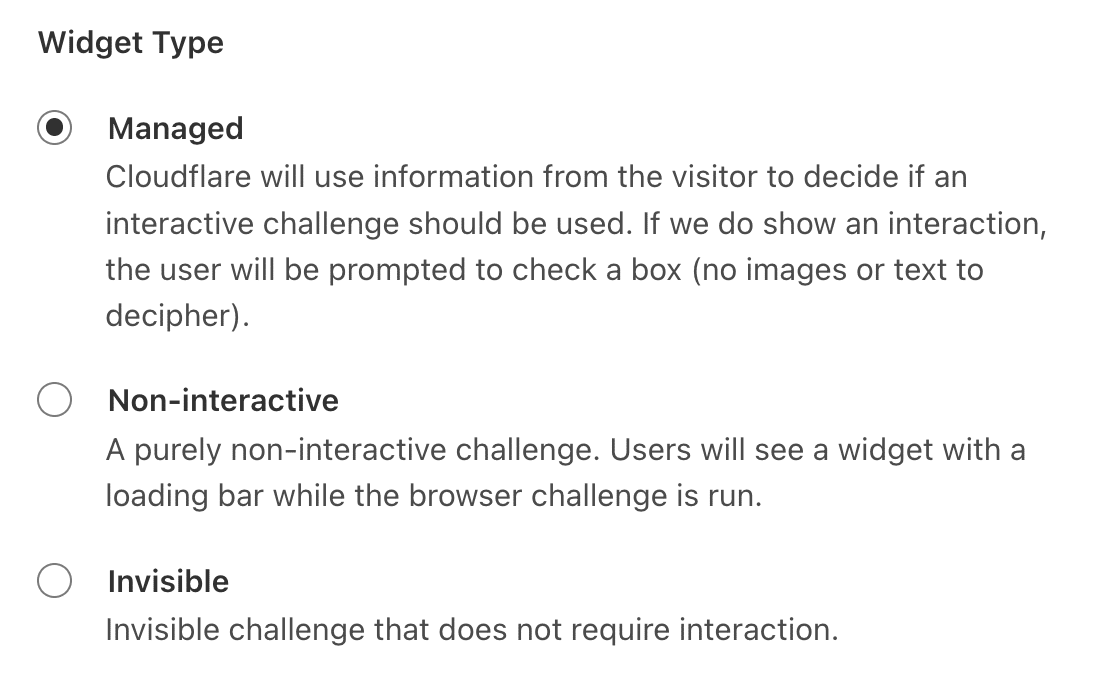 Selecting a widget type for Cloudflare Turnstile