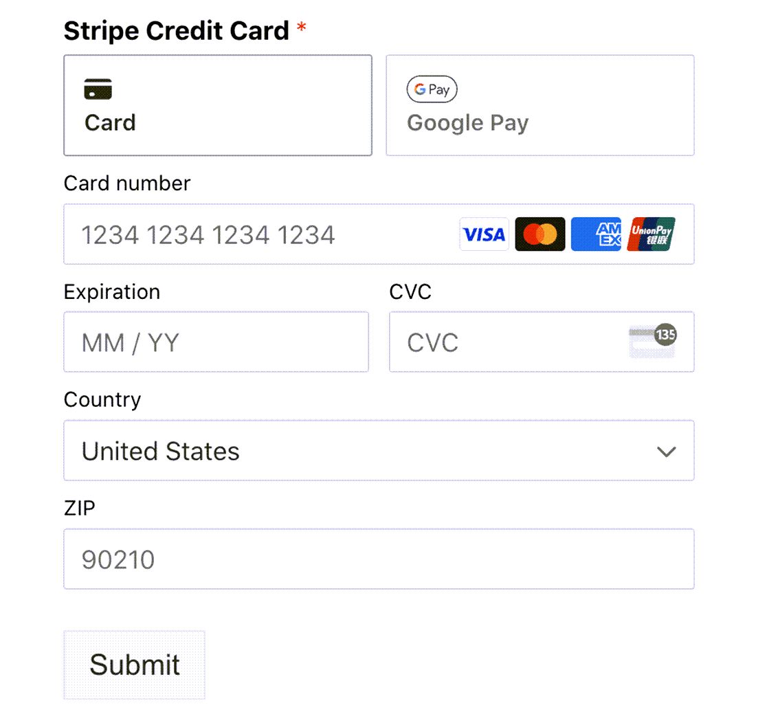 An example of Stripe's Payment Element in WPForms