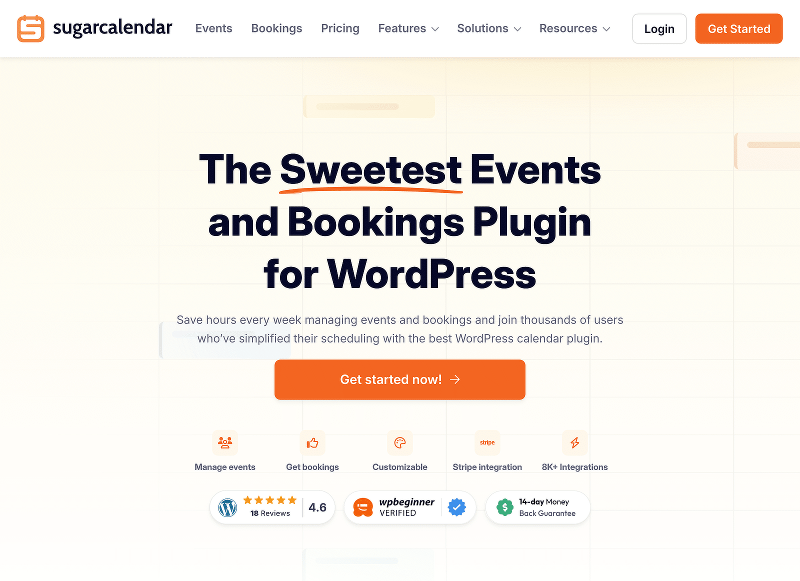 Sugar Calendarのヒーローバナー：WordPressのイベントおよび予約プラグインに関する太字の見出しと、淡いグリッドの背景にオレンジ色の「開始する」ボタン。
