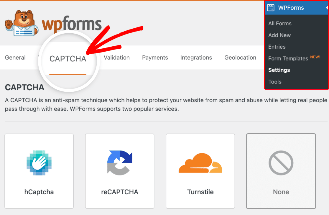 WPForms CAPTCHA settings