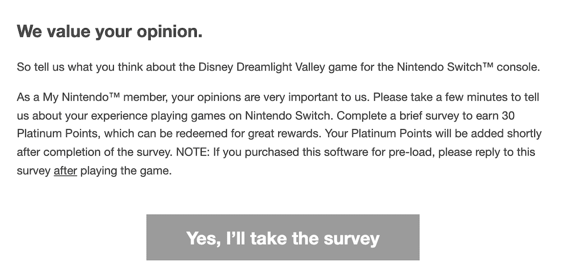 A Nintendo email offers rewards for taking a survey
