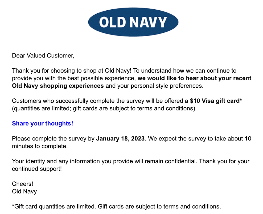 An Old Navy survey email