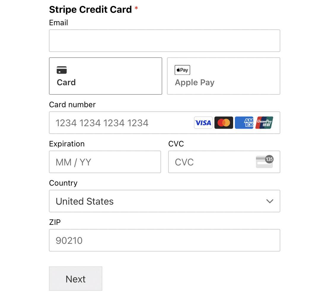 A live Stripe credit card field with Apple Pay displaying