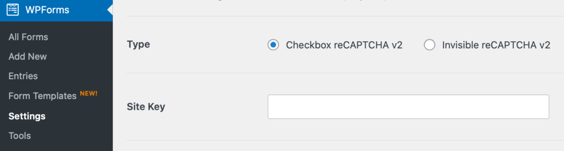 Entering site key in settings