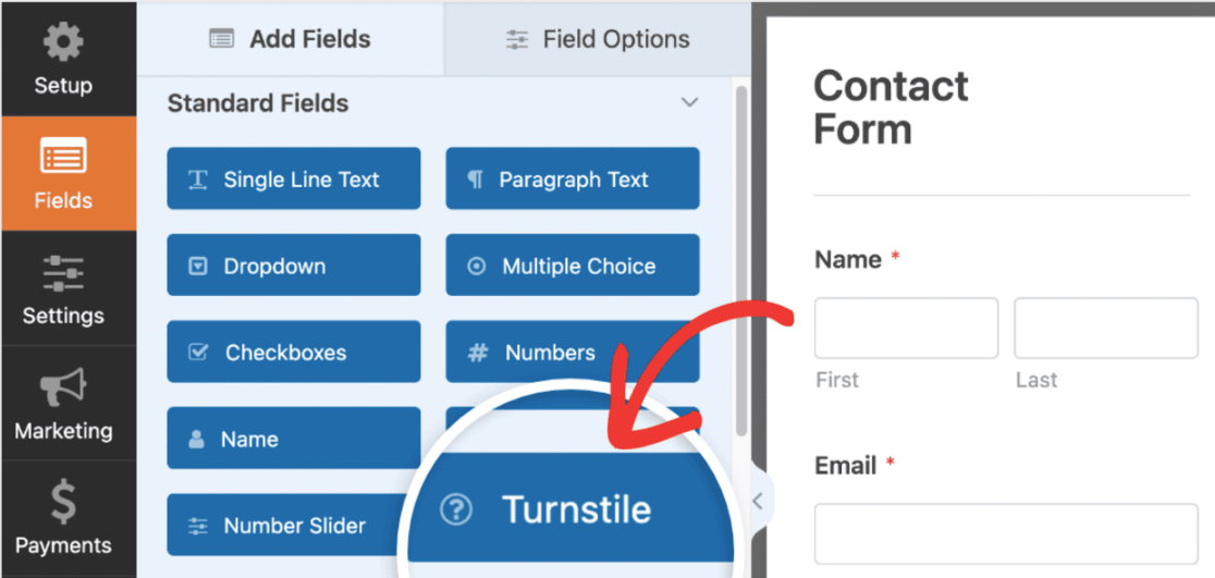 Selecting Turnstile field in form builder