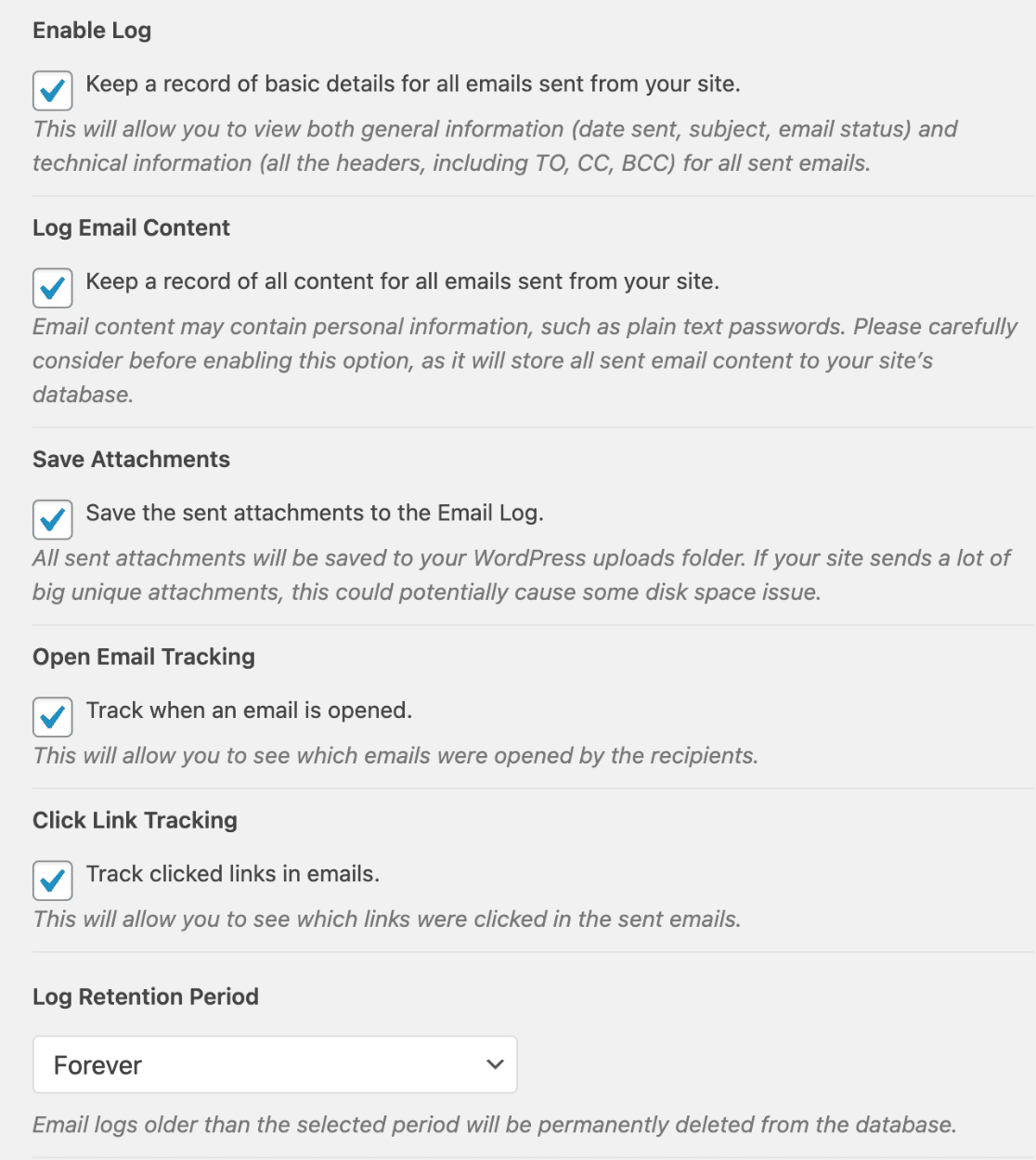 Email log options in WP Mail SMTP