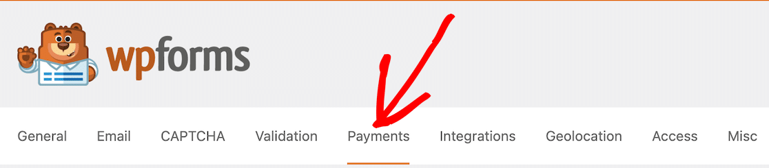 The Payments tab in WPForms