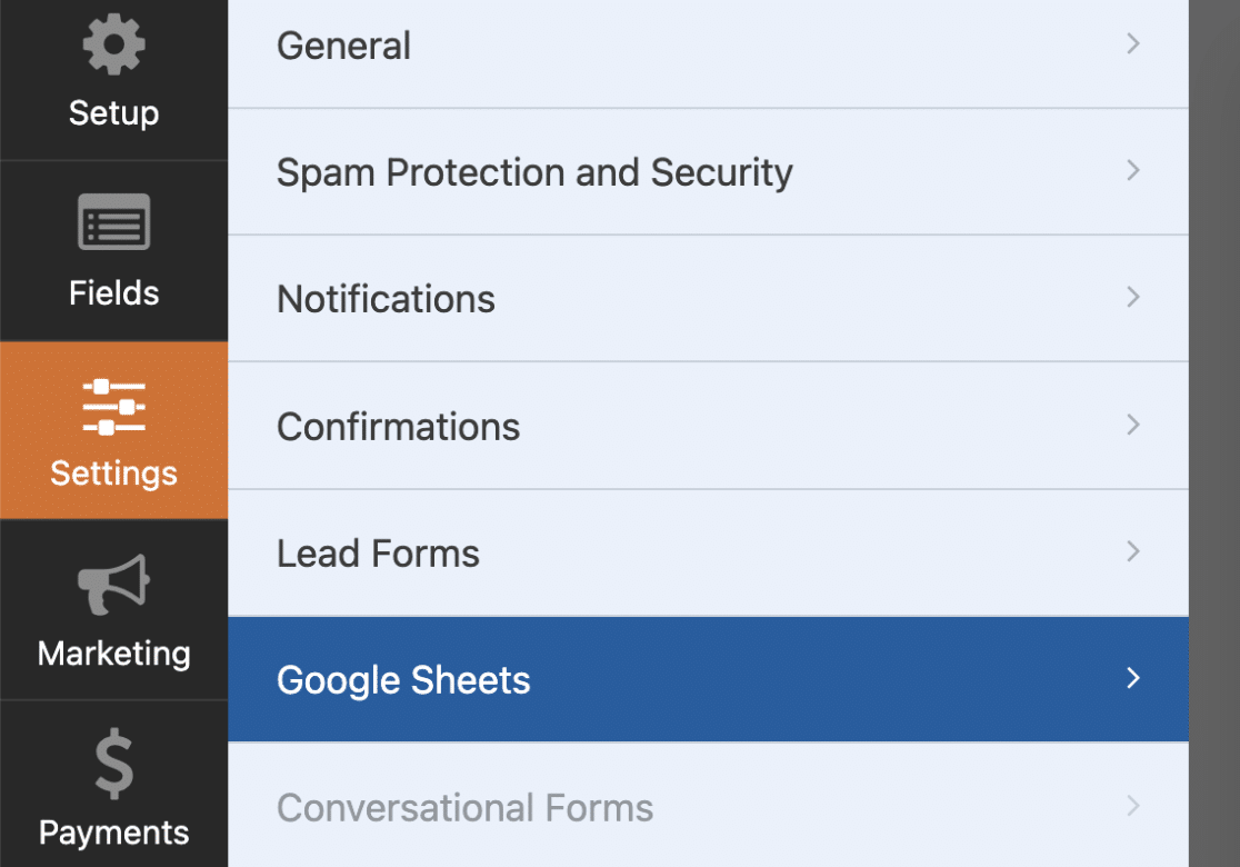 Google sheets addon settings