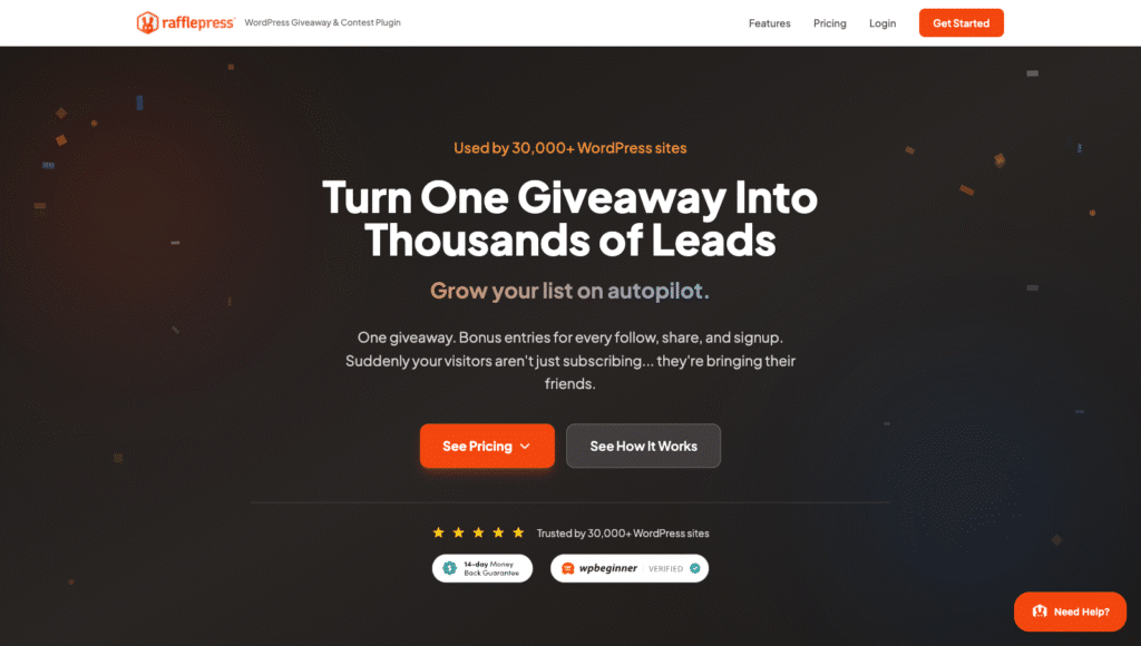 Banner hero con gradiente scuro e coriandoli per Rafflepress: 'Trasforma un giveaway in migliaia di lead' e sottotitolo 'Fai crescere la tua lista in automatico'.