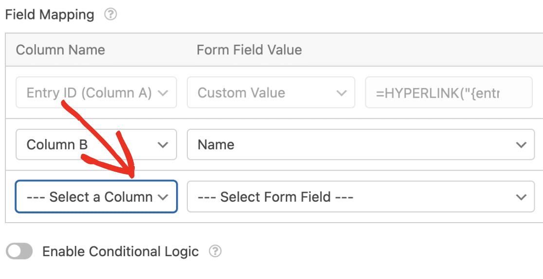 Select a column to map your form data.