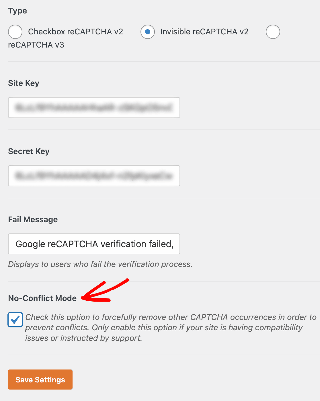 Enabling no conflict mode in the WPForms reCAPTCHA settings