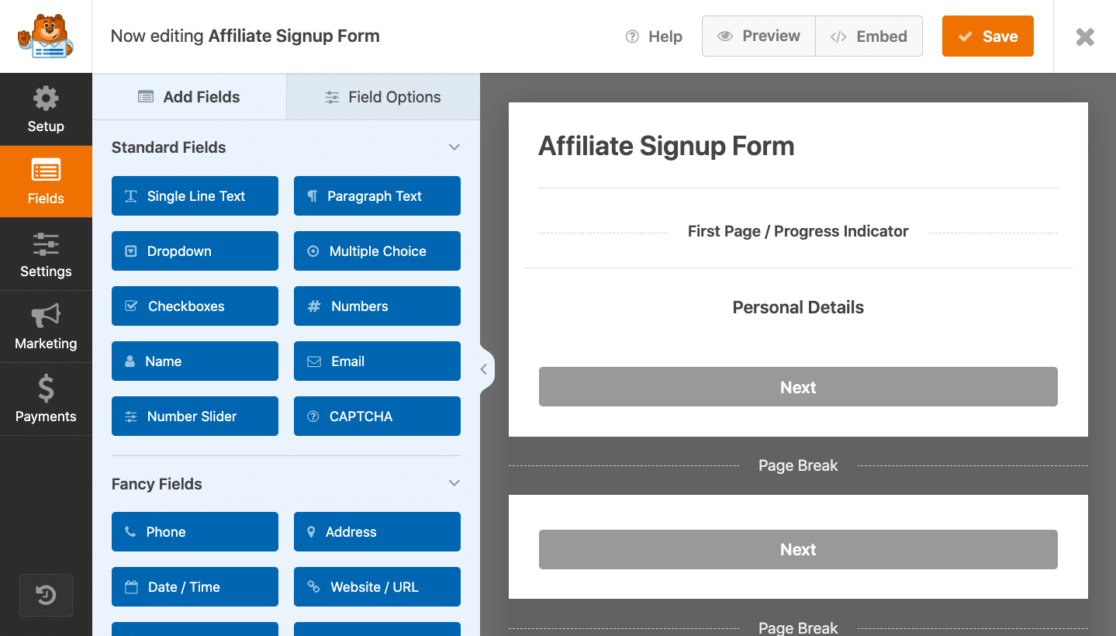Editing affiliate signup form fields