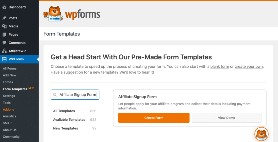Selecting affiliate signup form template