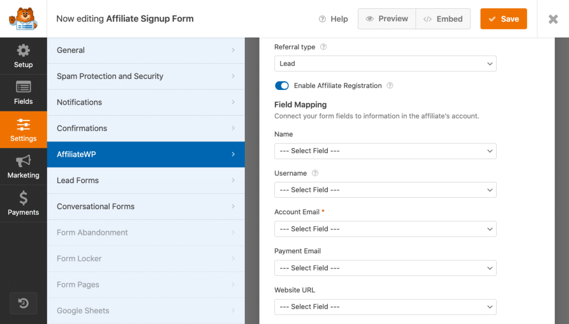 Enabling affiliate registration