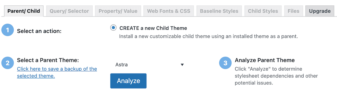 Beginning the process of setting up a child theme in Child Theme Configurator