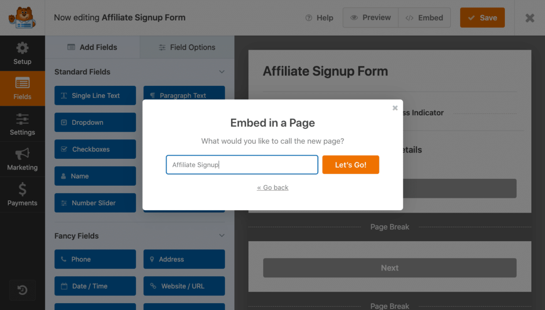 Embedding the affiliate signup form on a page
