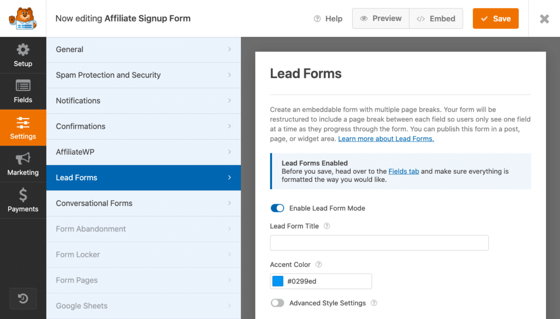 Editing lead forms settings