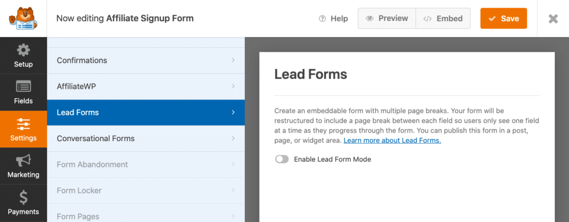 Enabling lead forms settings