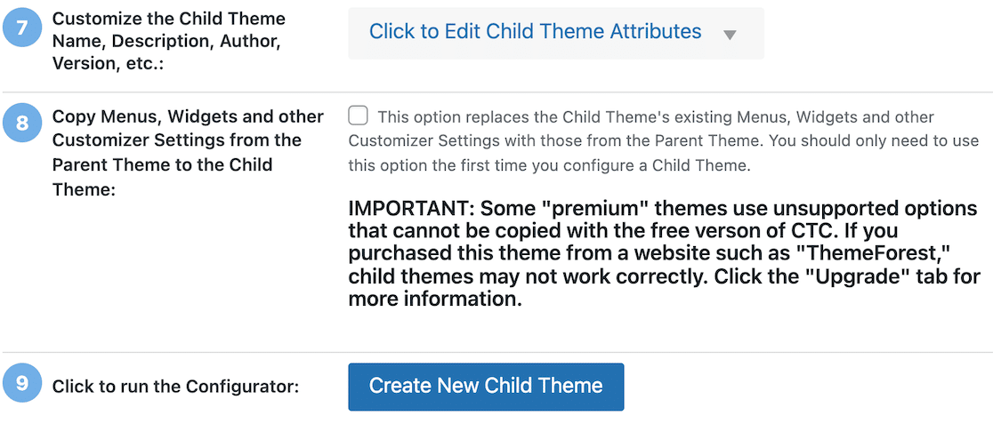 Run the Child Theme Configurator to create your child theme