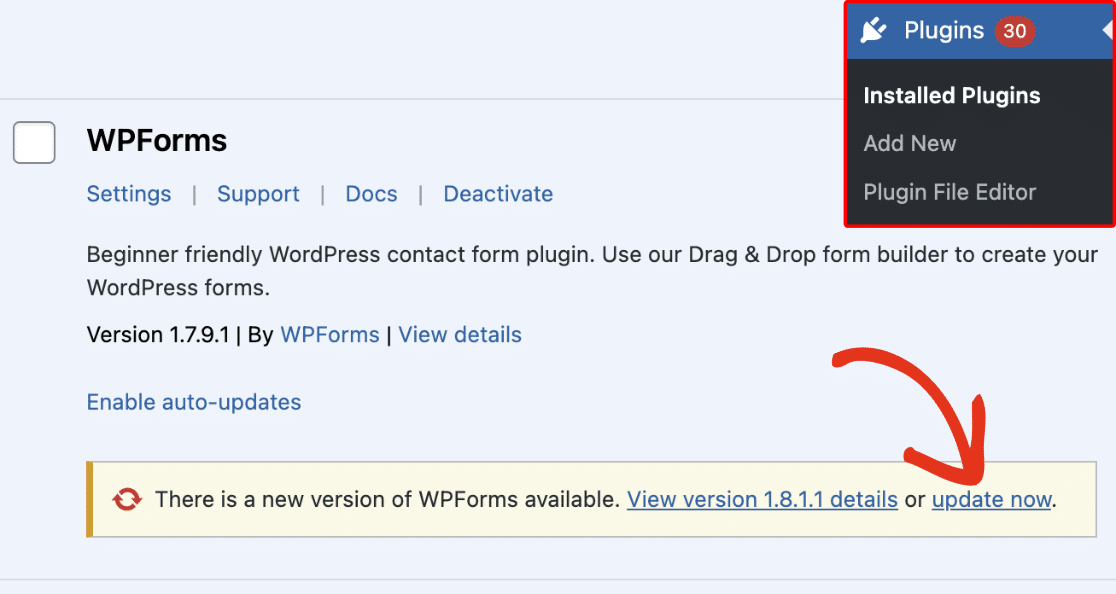 Updating WPForms from the WordPress admin Plugins screen