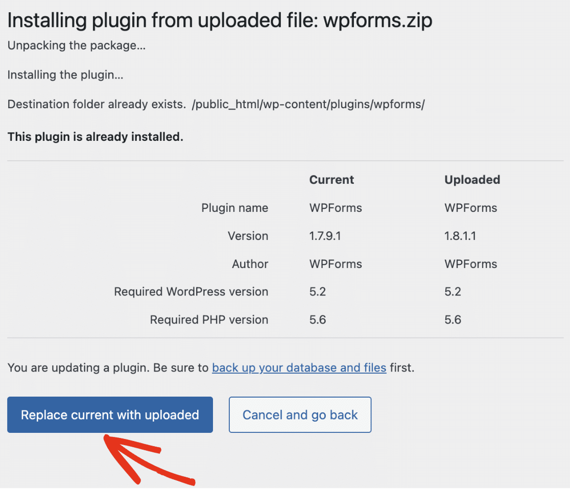 Manually updating WPForms and replacing the old version of the plugin with the new upload