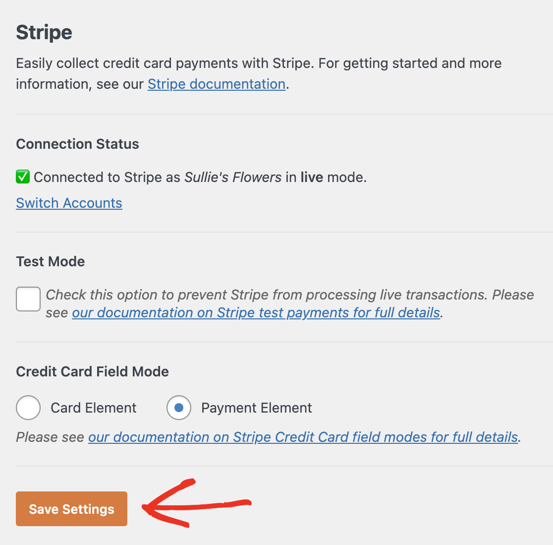 Saving Stripe payment settings