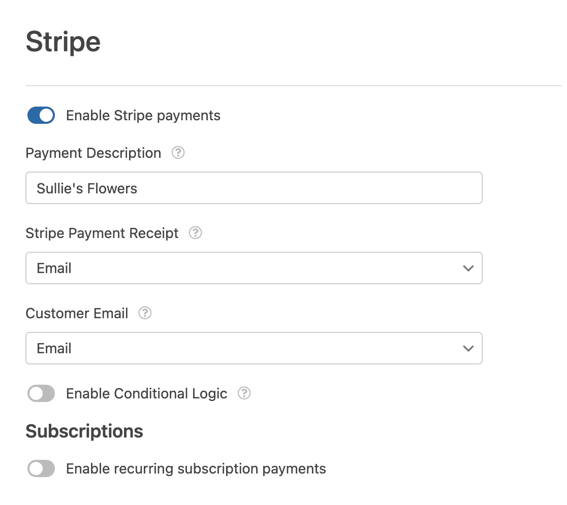 The Stripe form payments settings