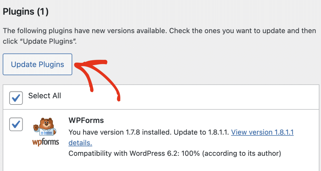Updating WPForms from the WordPress dashboard
