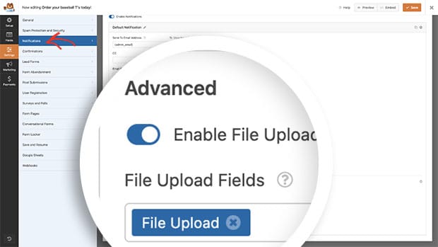 from the Notifications tab, open Advanced and click the button to Enable Upload Attachments