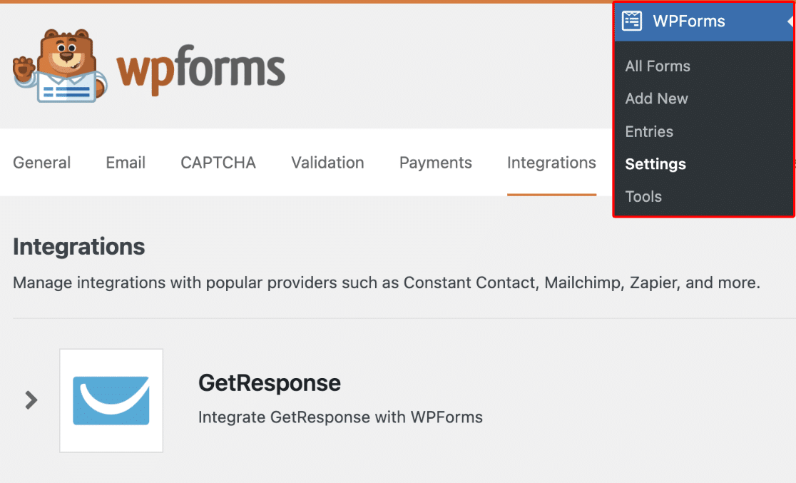 Opening the WPForms integrations settings