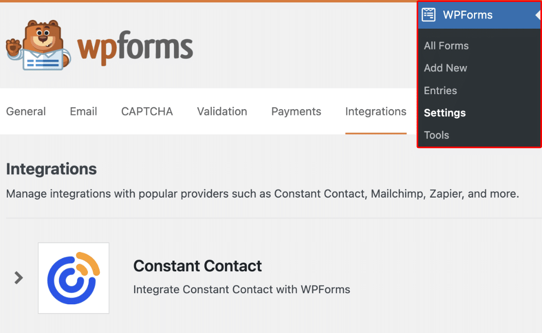 Accessing the WPForms Integrations settings